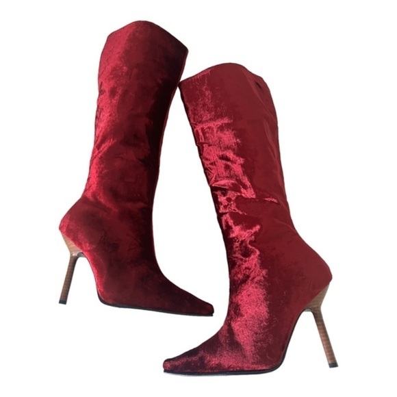 Colin Stuart Red Velvet Leather Mid Calf Pointed Toe Heel Boots Size 7M - Picture 2 of 16